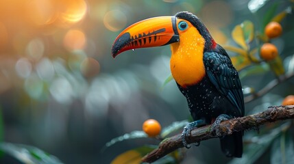 a colorful bird perched on a branch with oranges in the background