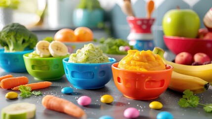 Infant food consisting of bowls filled with pureed vegetables and fruits.Generative AI