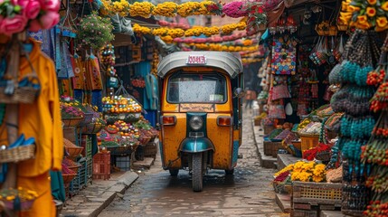 a tuk - tuk in a market with flowers and fruit