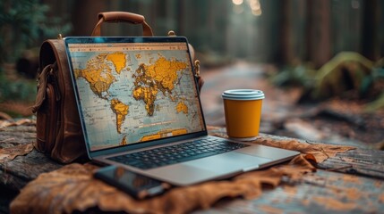 Laptop With World Map Displayed in a Forest