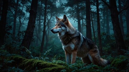 Obraz premium Picture of beautiful wild wolf in green forest