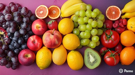 a variety of fruits arranged in a rainbow of colors