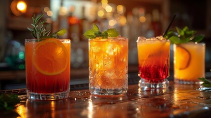 a row of different colored cocktails on a bar