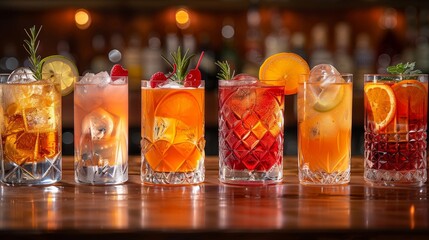 a row of different types of cocktails on a bar