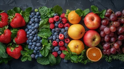 a variety of fruits and vegetables laid out on a table