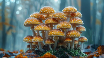 a group of mushrooms in the rain in a forest