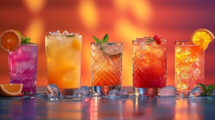 a row of different colored drinks with ices and fruit