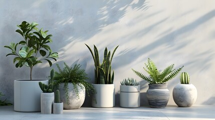 Fototapeta premium Assortment of Potted Plants on Concrete Shelf Against Neutral Background