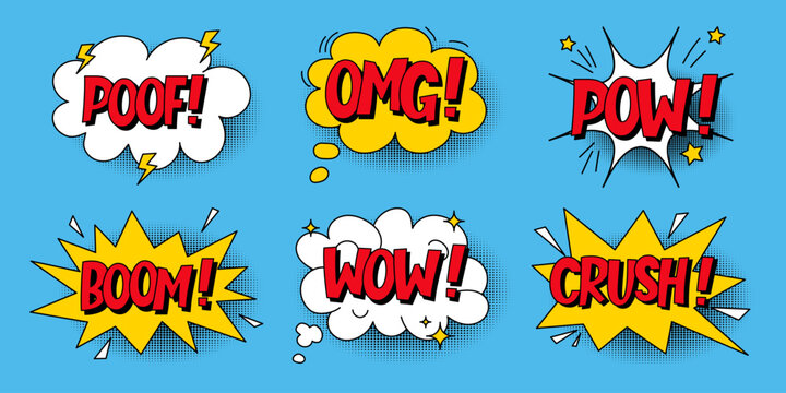 A set of multi-colored speech bubbles with expressive red inscriptions, clouds and explosions in a comic style on a blue background. Retro banner in pop art style with halftone shadows, doodle