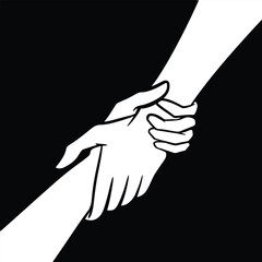 Hands holding hands and helping each other illustration isolated on square black background. Simple monochrome flat humanity themed drawing.