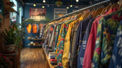 a clothing store with a variety of shirts hanging on a rack