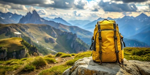 Yellow backpack on a mountain landscape background, copy space for text, hiking, vacation, summer, trekking, backpackers, adventure, trips, backpack, mountain, landscape, travel, exploration