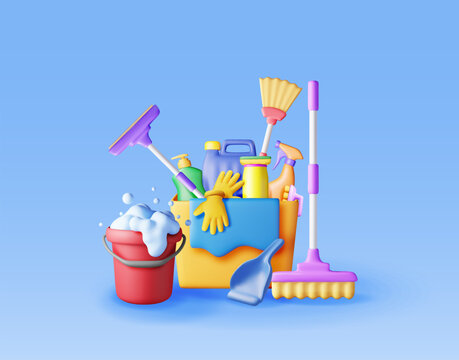 3D set of home cleaning tools isolated. Render collection of accessories for washing dishes and house cleaning. Bottle of detergent, sponge, soap gloves. Bucket, mop broom dustpan. Vector illustration