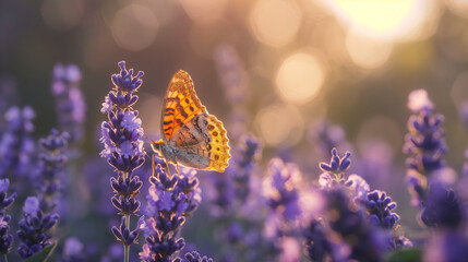 A butterfly flies up to a lavender flower, close-up. - Powered by Adobe