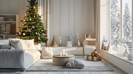 Cozy Christmas Living Room with Decorated Tree and Fireplace