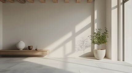 Fototapeta premium Bright and Tranquil Minimalist Living Room with Natural Decor Elements