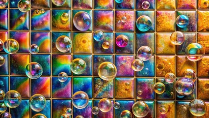 Colorful soap bubbles covering a tiled wall creating a textured pattern , bubbles, soap, colorful, tiled wall, pattern, texture, close-up, abstract, vibrant, beauty, reflections, surface
