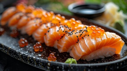 a plate of sushi with sesame seeds and a small bowl of sauce
