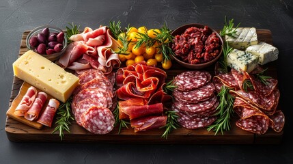 a platter of meats and cheeses with olives and rosemary