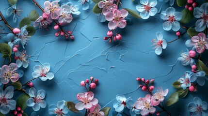 a blue background with pink flowers and leaves