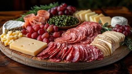 a platter of meat and cheese with grapes and cheese