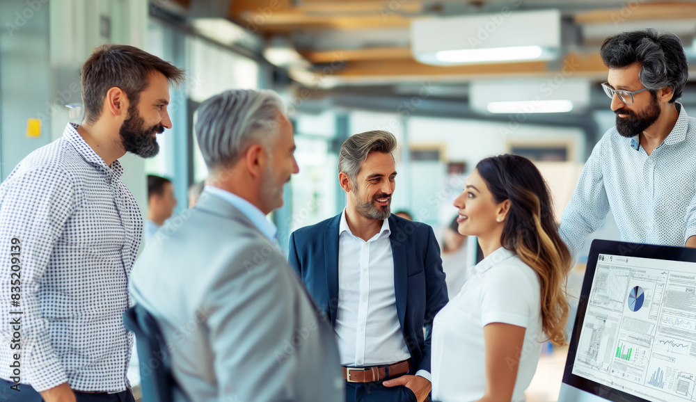 Aufkleber Professionals discussing work with a computer screen in an office setting, concept of teamwork in a bright environment. Generative AI