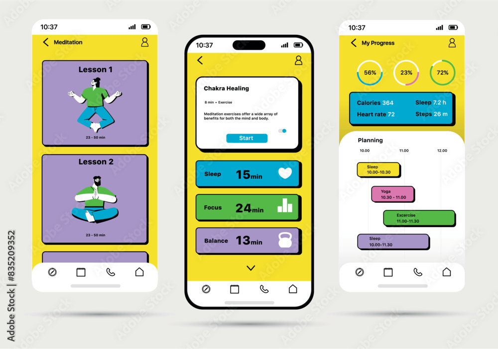 Wall mural ios meditation app concept in flat design. the design template of the meditation program, displayed 