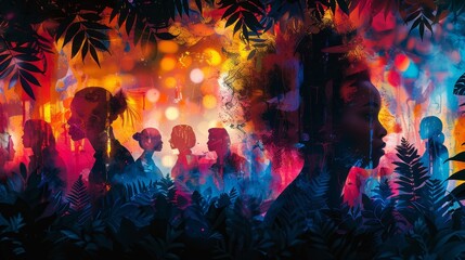 a painting of a woman in a jungle with a group of people