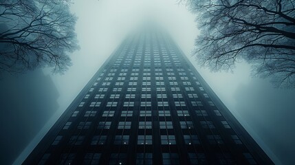 a tall building with many windows in the fog