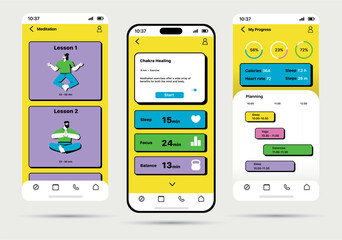 IOS meditation app concept in flat design. The design template of the meditation program, displayed on three mobile screens, is made in a bright and modern style. Vector Illustration.