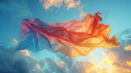 a woman flying a colorful cloth in the sky