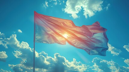 a flag flying in the wind with a bright sun in the background
