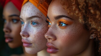 three young women with freckles and bright blue eyes