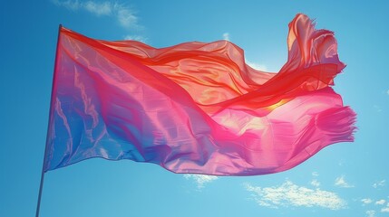 a colorful flag flying in the air on a sunny day