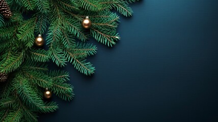 christmas balls and fir branches flat lay top view, generative ai