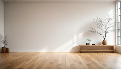 Minimalist room with parquet floor and plain walls. Made with Generative AI.