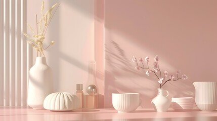 Elegant Pastel Pink Minimalist Still Life with Flowers and Vases in Cozy Home Interior