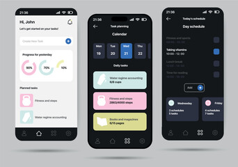 Perfect day app concept in flat design. A set of screens showing a schedule planner app that looks stylish and modern. Vector Illustration.