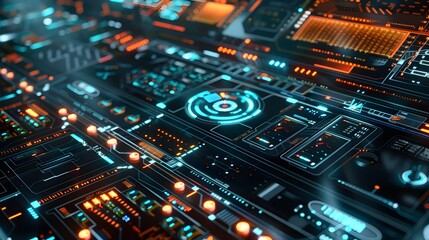 Futuristic digital circuit board with glowing microchips and electronic components