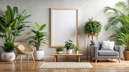 Blank poster frame mockup in a living room with green plants , mockup, poster frame, blank, white wall, living room, green plants, interior design, home decor, minimalistic, modern, empty