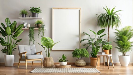 Blank poster frame mockup in a living room with green plants , mockup, poster frame, blank, white wall, living room, green plants, interior design, home decor, minimalistic, modern, empty