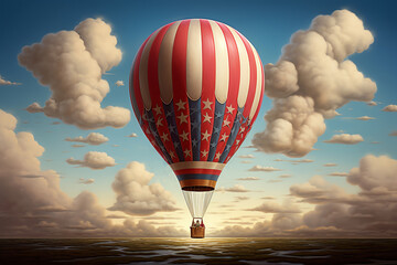 Illustrate the whimsical beauty of balloons drifting upwards towards a digitally rendered American flag, creating a dreamlike atmosphere with a touch of surrealism