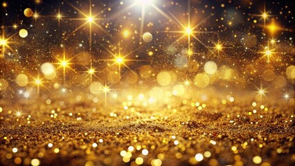 Gold particles fluid with light glitter and golden sparkles glow on background. Magic shine of stars or dust particles sparks with bokeh effect, gold, particles, fluid, shimmer, glitter
