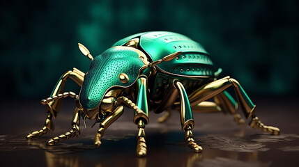 Produce a striking, photorealistic 3D render of a metallic green beetle, showcasing intricate details from a low angle in a nature-inspired environment
