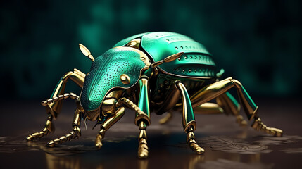 Naklejka premium Produce a striking, photorealistic 3D render of a metallic green beetle, showcasing intricate details from a low angle in a nature-inspired environment