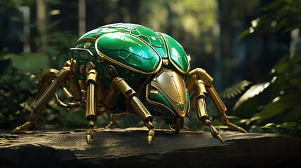 Produce a striking, photorealistic 3D render of a metallic green beetle, showcasing intricate details from a low angle in a nature-inspired environment