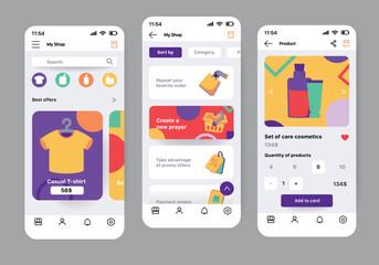 Shopping app concept in flat design. A set of screens with the image of the program for the online store, made in a modern style and bright colors. Vector Illustration.