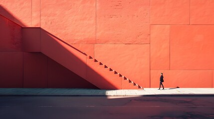 Minimalist Orange and Red Architectural Silhouette with Stairs and Geometric Patterns