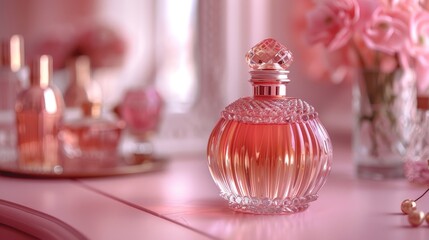 Close-up of a rose gold perfume bottle with intricate design details, placed on a vintage dressing table, pink background