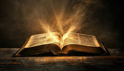 Open Bible with light emanating from it, Concept of spiritual enlightenment by AI generated image